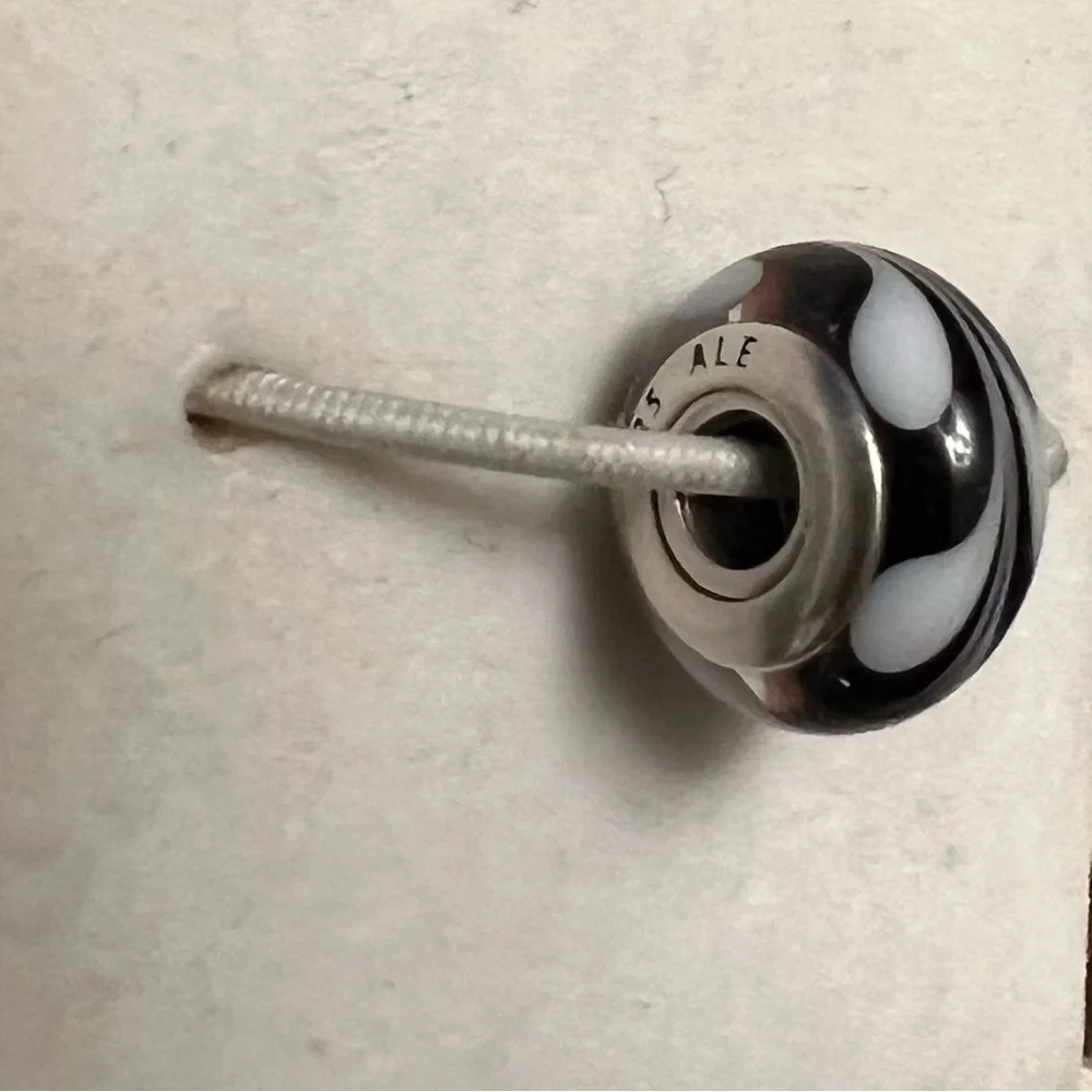 Pandora 925 Sterling Silver Black White Swirl Murano Glass EUC ALE #299